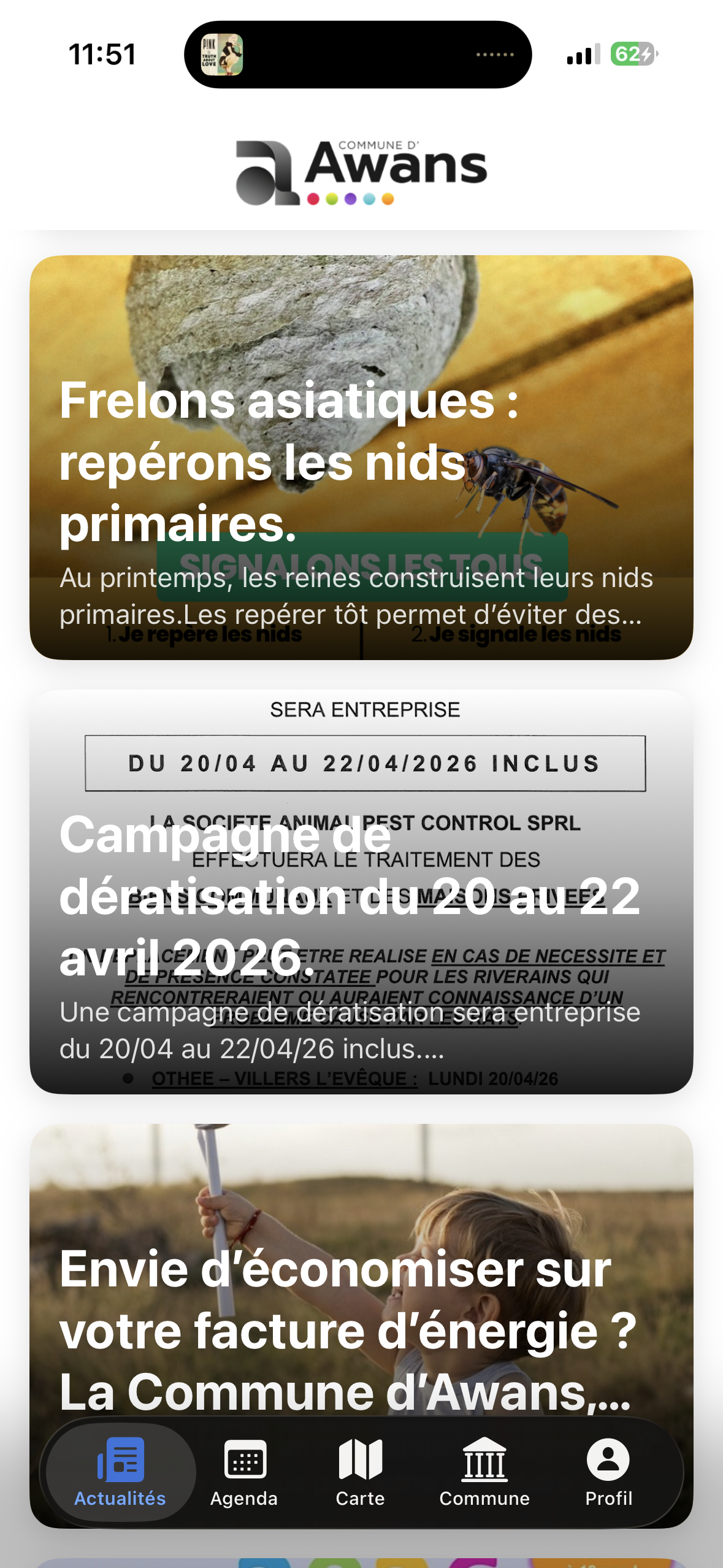 Aperçu de l'application mobile - écran Actualités