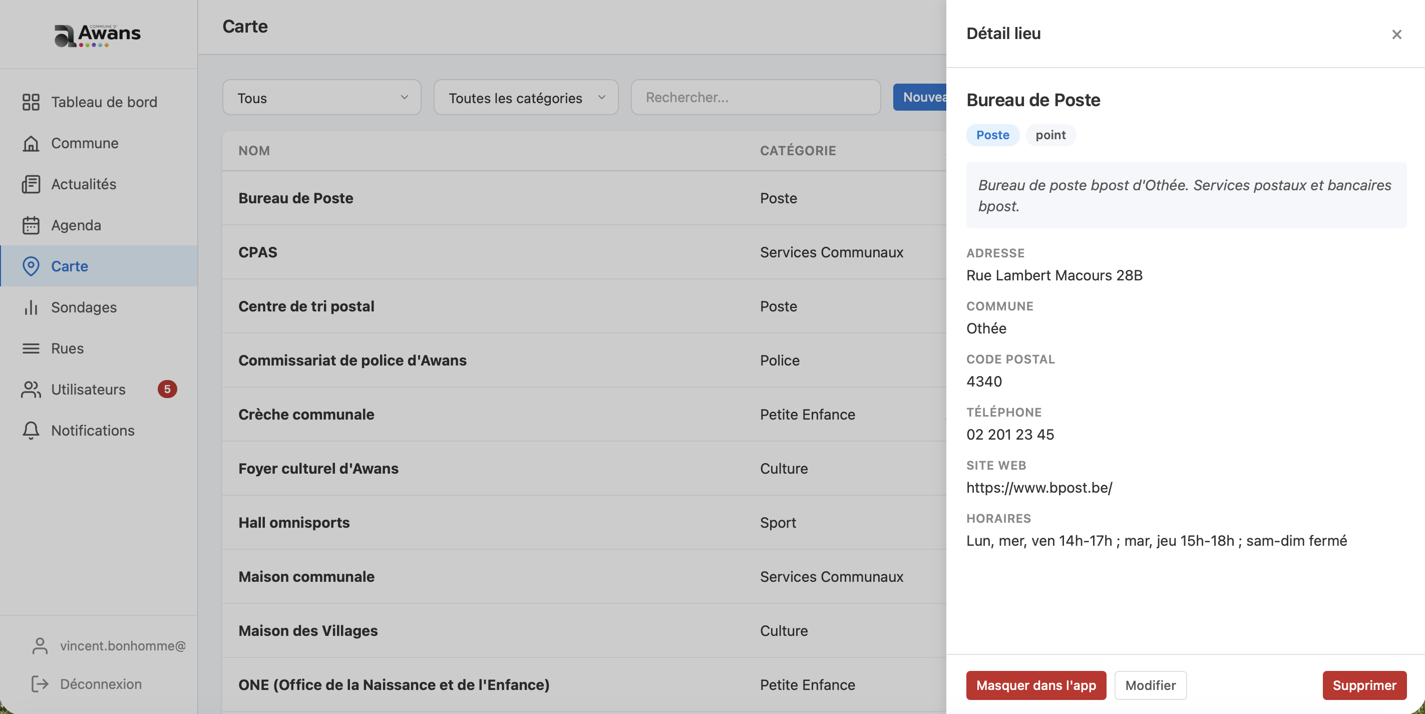 Aperçu du tableau de bord administrateur - gestion des points d'intérêt de la commune